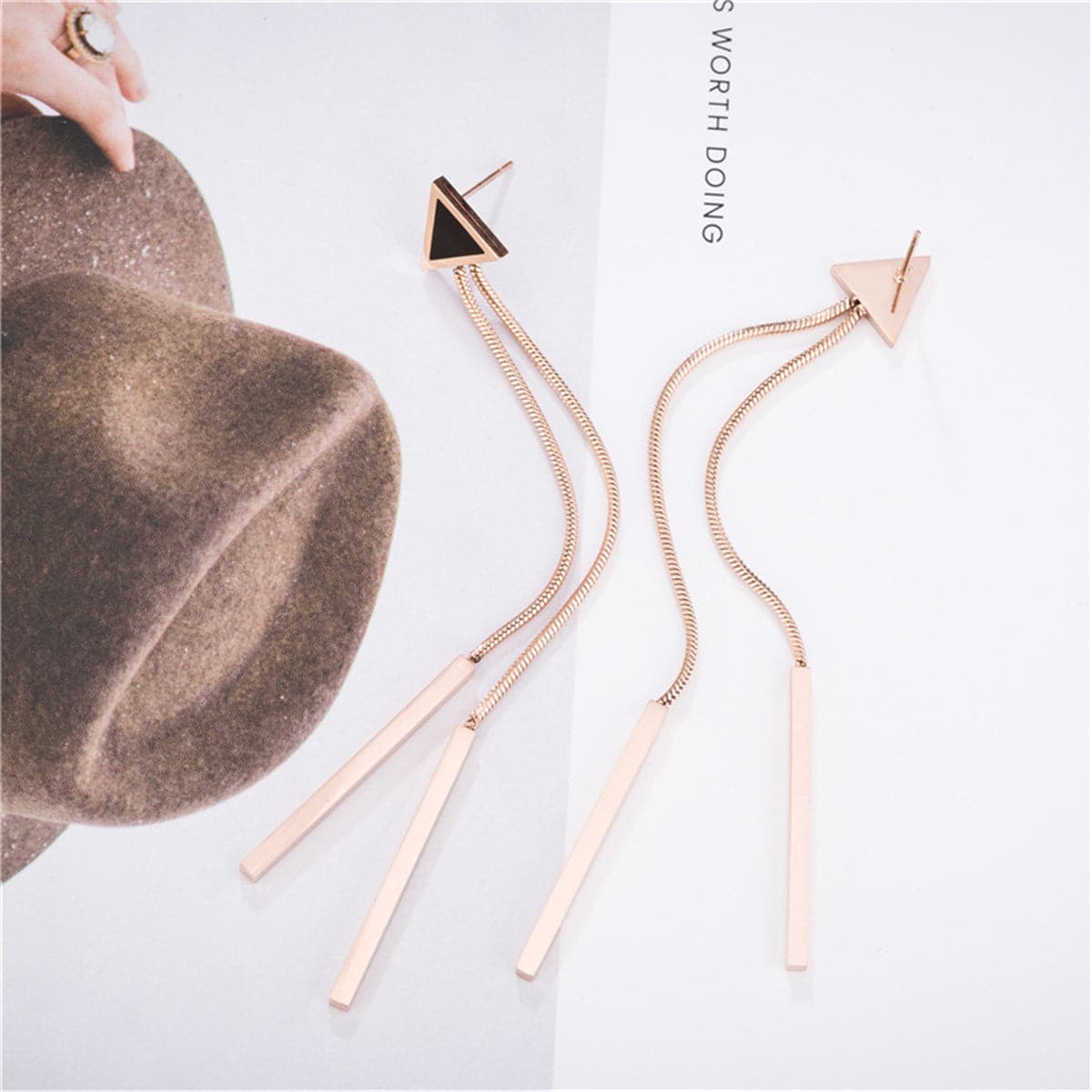 18K Rose Gold-Plated and Black Triangle and Tassel Drop Earrings, rose gold drop earrings for women, detail close-up