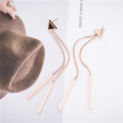 18K Rose Gold-Plated and Black Triangle and Tassel Drop Earrings, rose gold drop earrings for women, detail close-up