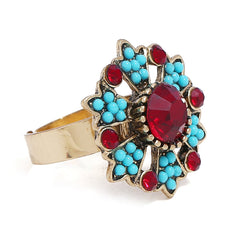 Red Cubic Zirconia & Turquoise Flower Cocktail Ring - streetregion