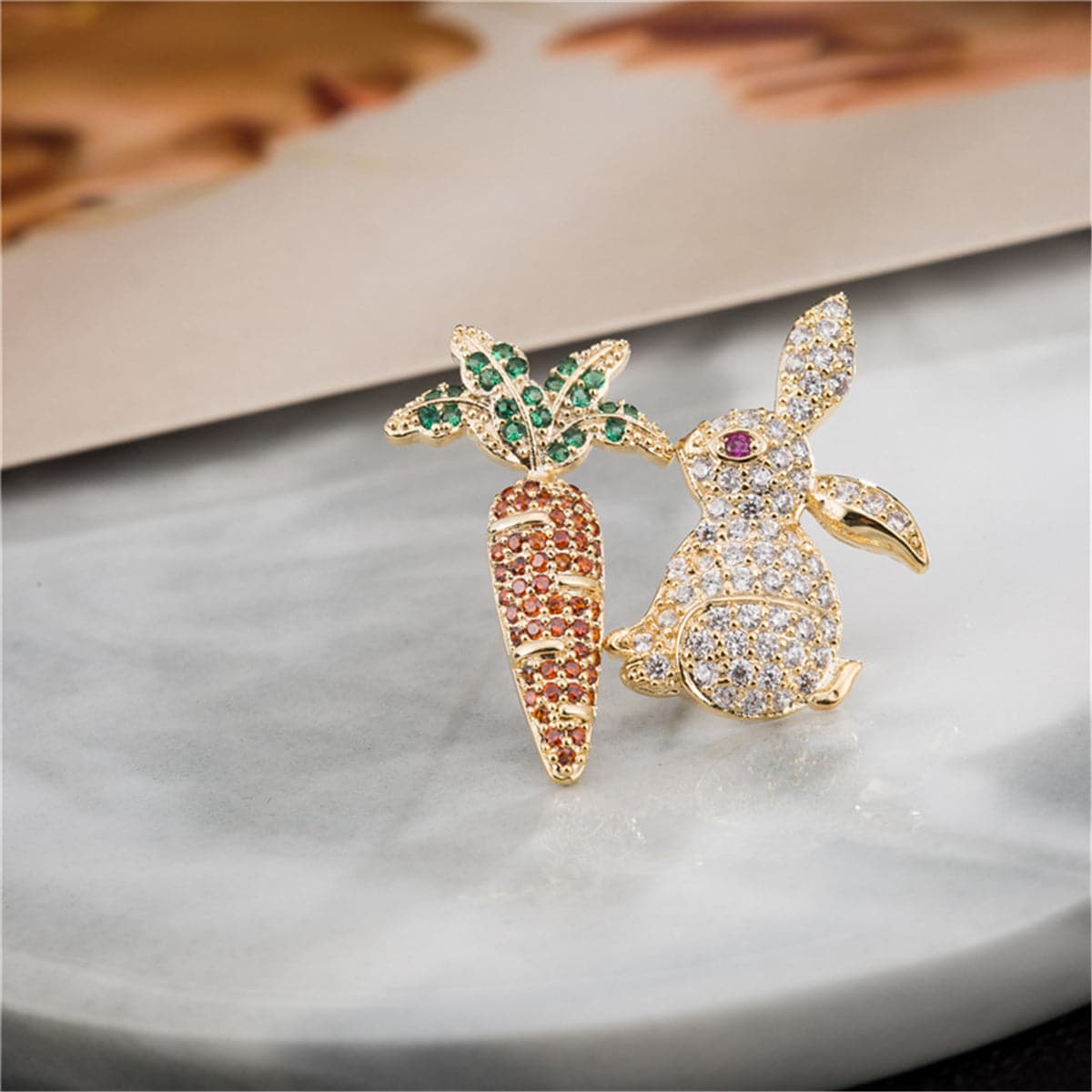 Cubic Zirconia & 18K Rose Gold-Plated Rabbit & Carrot Stud Earrings