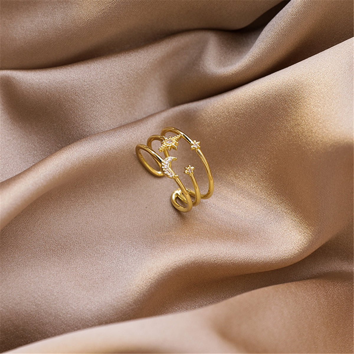 Cubic Zirconia and 18K Gold-Plated Celestial Layered Open Ring, gold statement rings for women, detail close-up