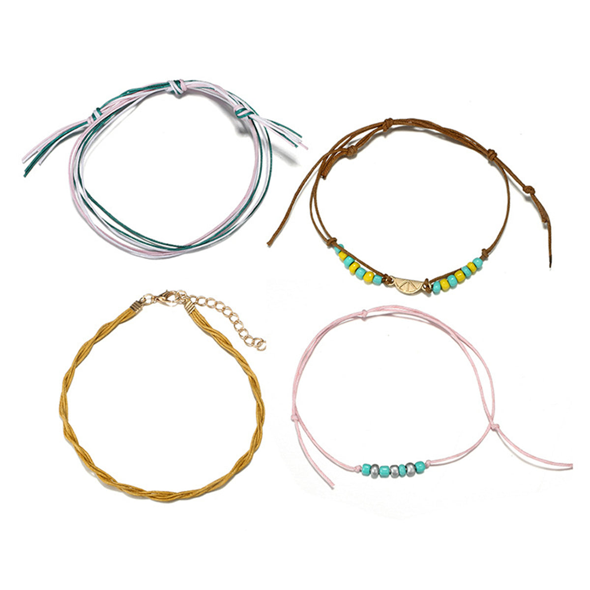 Turquoise and Yellow Multi-Strand Anklet Set, jewelry gift sets for women, vintage-inspired design, detail close-up