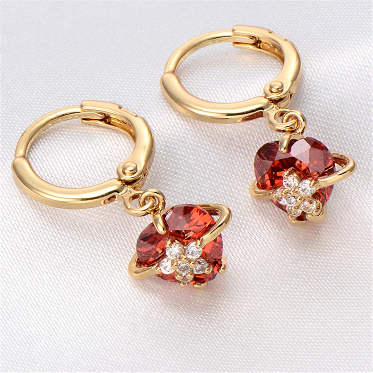 Red Crystal & Cubic Zirconia 18K Gold-Plated Heart Drop Earrings