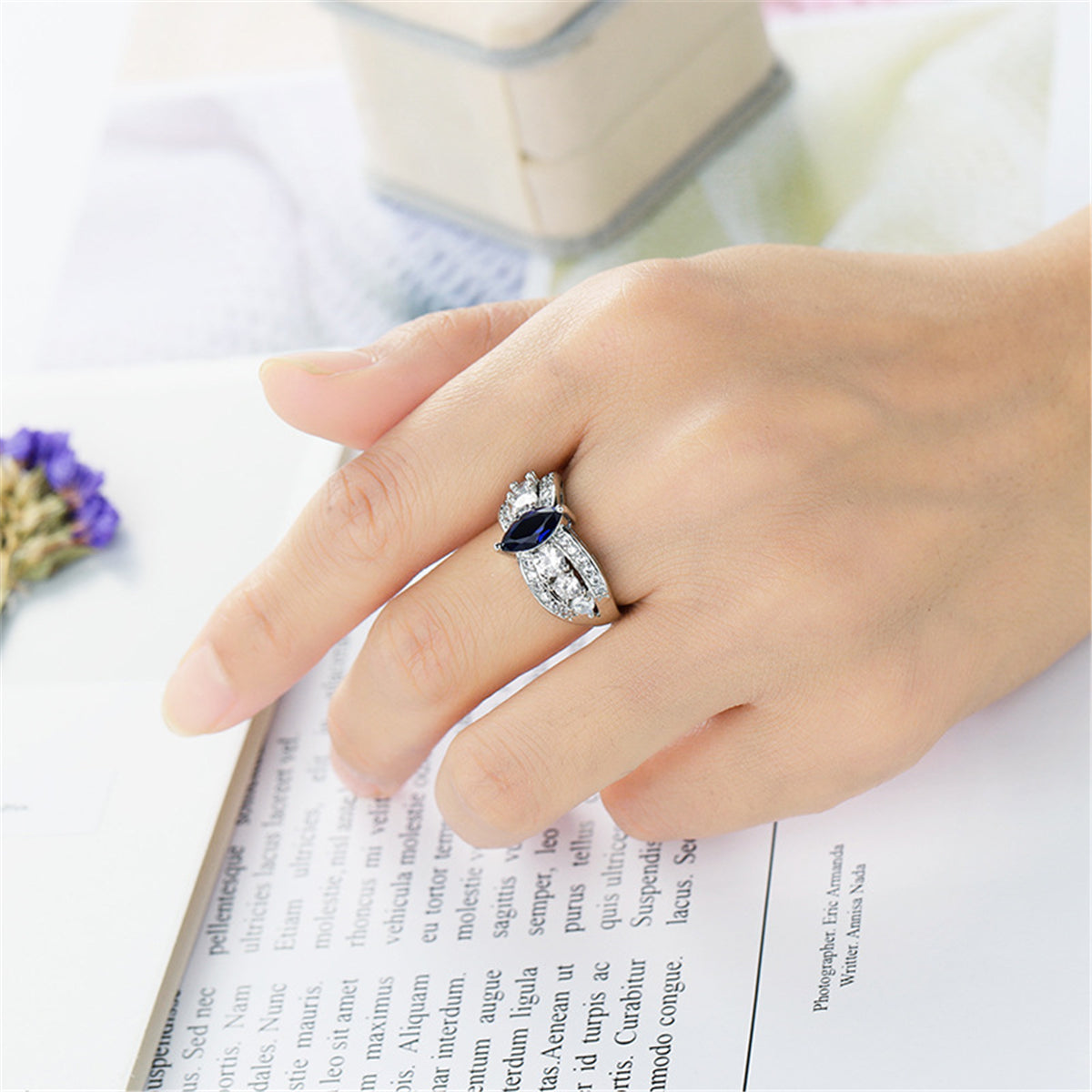 Navy Crystal and Cubic Zirconia Marquis Ring, statement rings for women, vintage-inspired design, lifestyle look