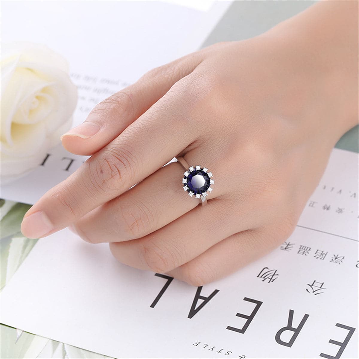 Navy Crystal & Cubic Zirconia Silver-Plated Halo Sunflower Ring