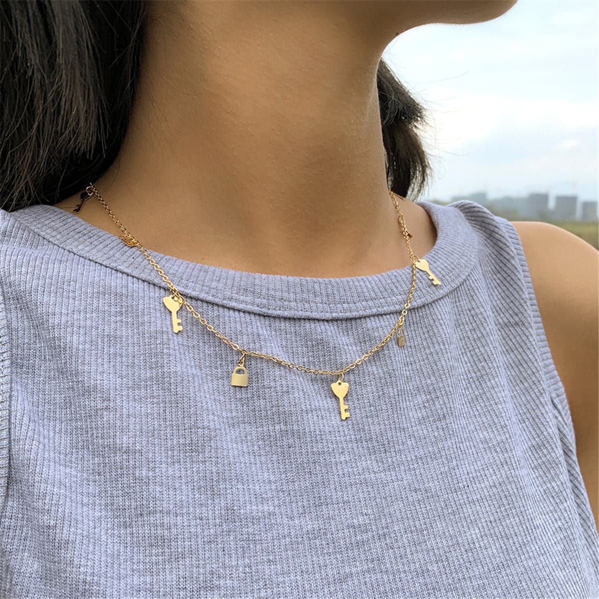 18K Gold-Plated Key Lock Station Choker Necklace