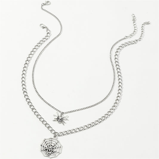Silver-Plated Spider and Web Pendant Necklace Set, silver pendant necklace for women, vintage-inspired design, front view