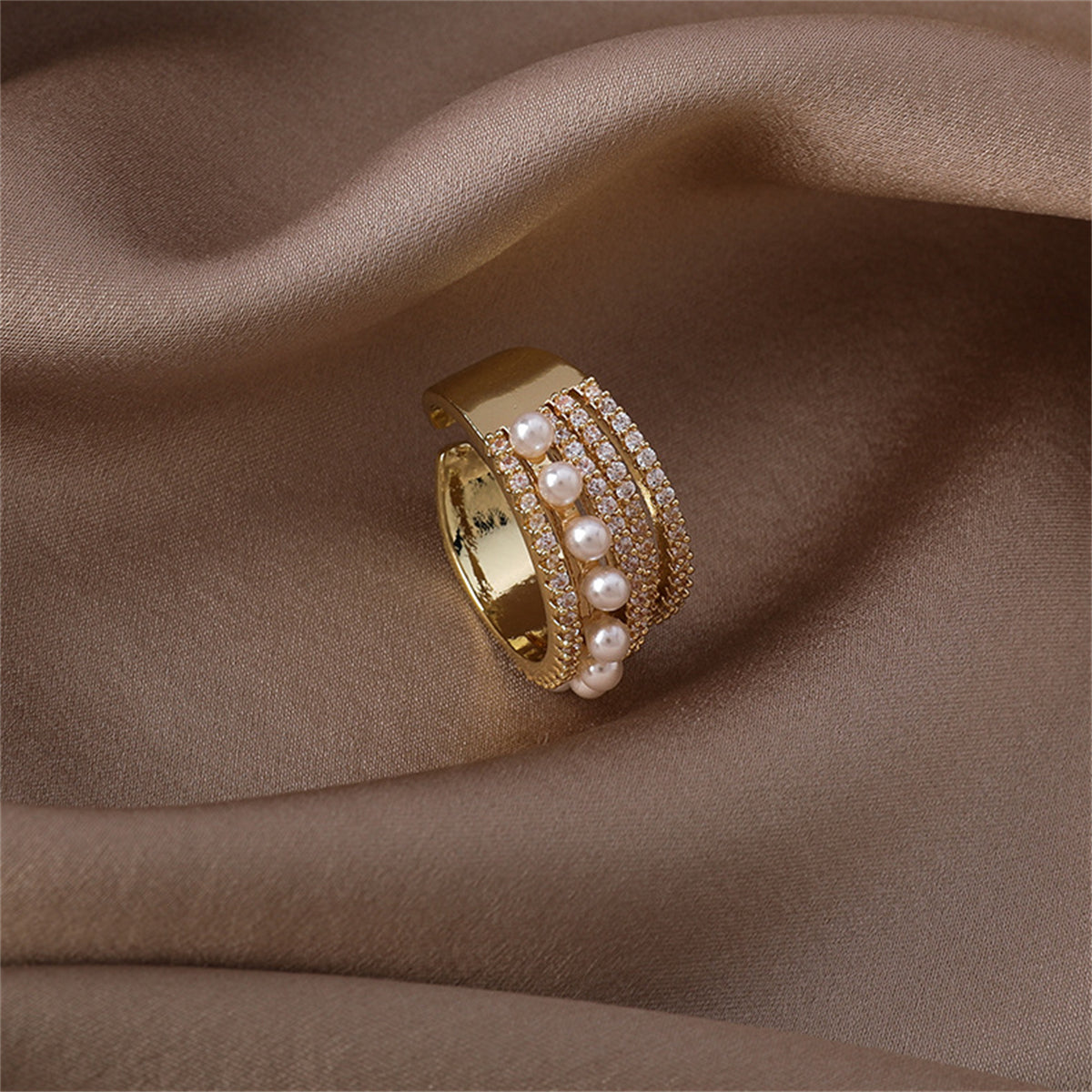 Pearl & Cubic Zirconia 18K Gold-Plated Pavé Layered Open Ring