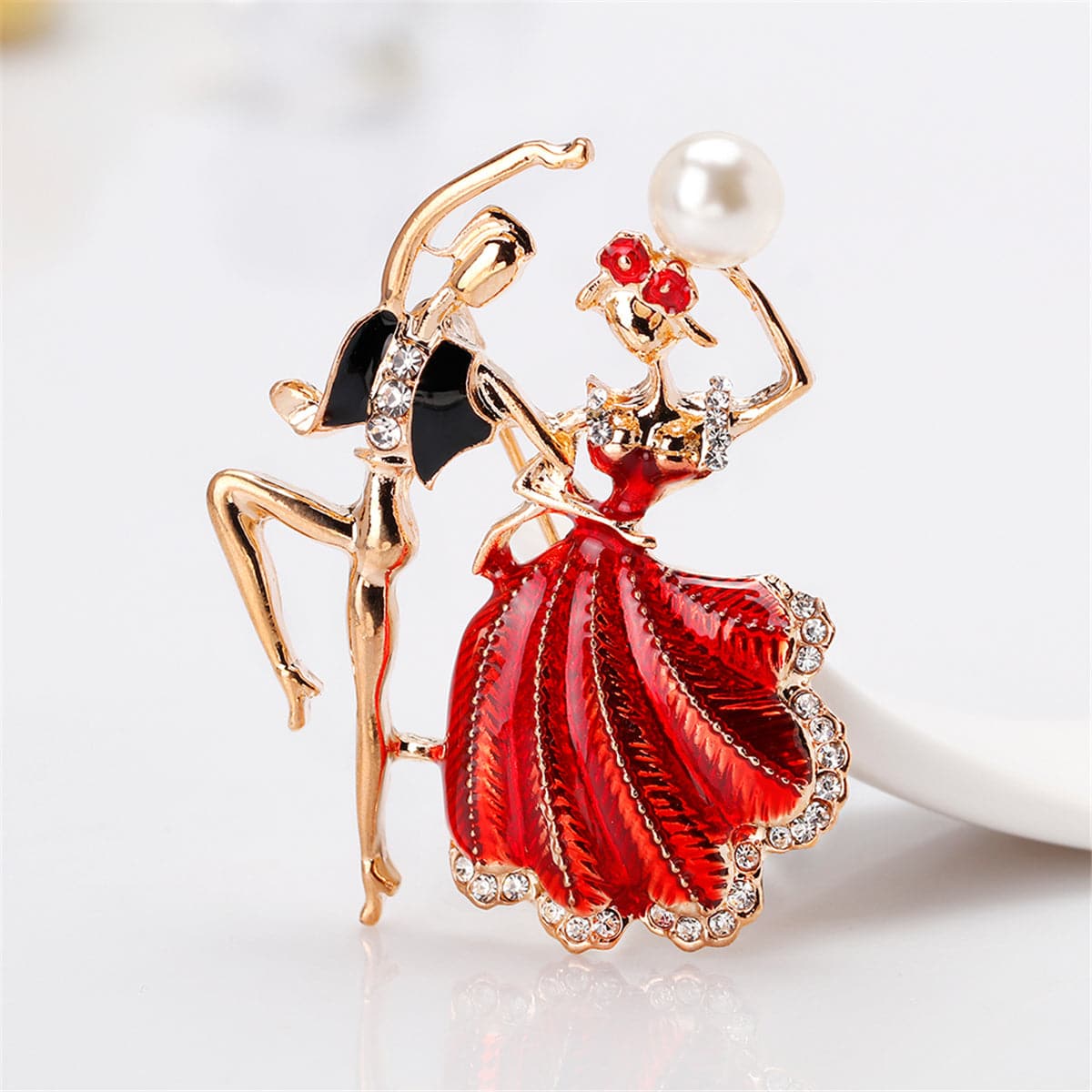 Red Enamel and Pearl 18K Gold-Plated Dancing Partner Brooch, gold brooch pin, dainty minimalist design, front view