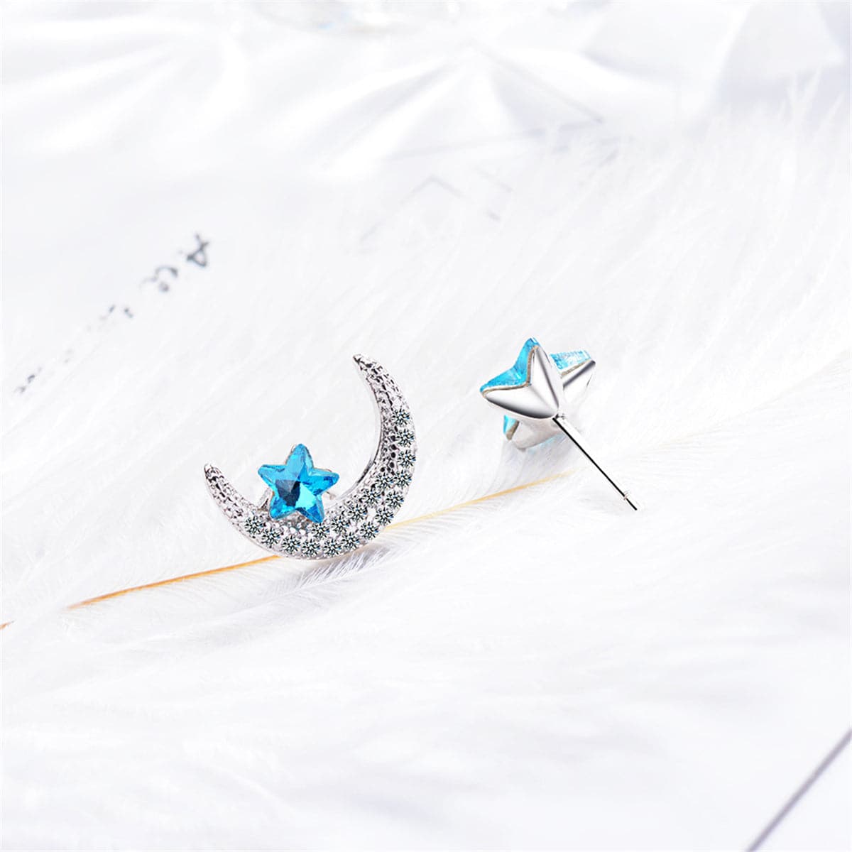 Blue Crystal & cubic zirconia Star & Moon Stud Earrings - streetregion