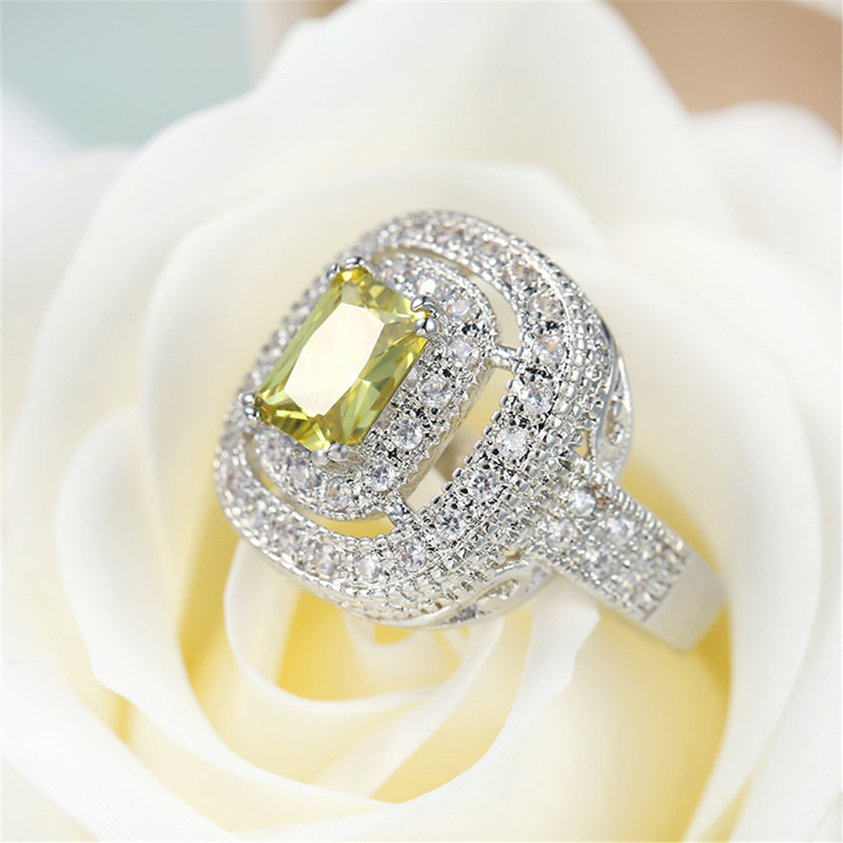 Yellow Crystal and Cubic Zircon Layered Halo Ring, statement rings for women, everyday style, styled look