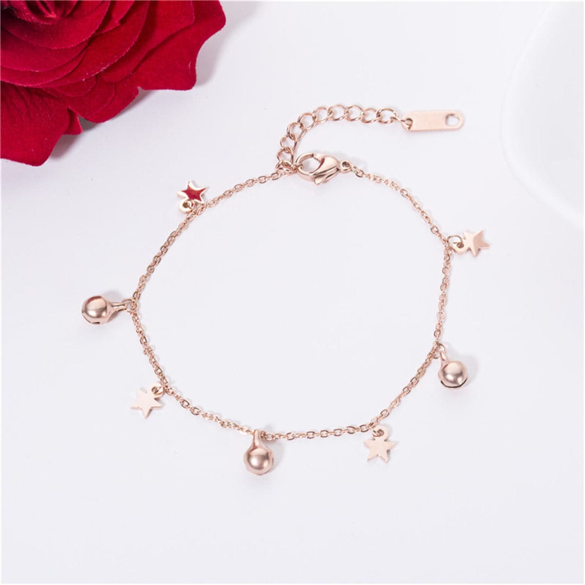 18K Rose Gold-Plated Star and Bell Station Anklet, rose gold anklet bracelet, elegant gift for her, detail close-up