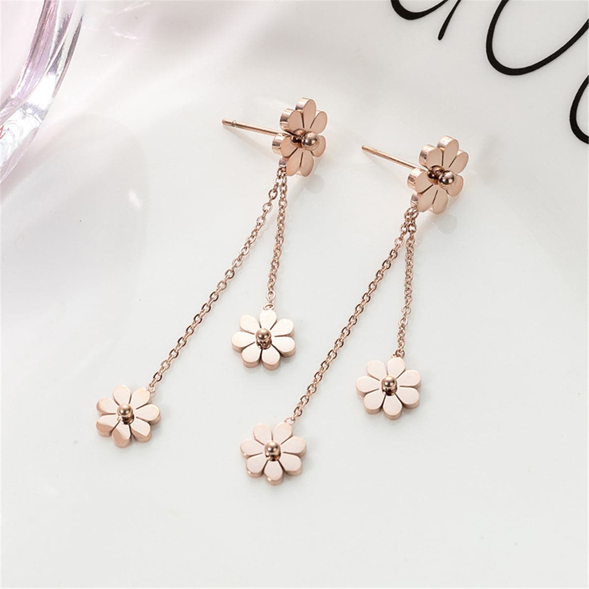 18K Rose Gold-Plated Triple Flower Drop Earring