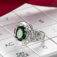 Green Crystal & Fine Silver-Plated Floral Ring