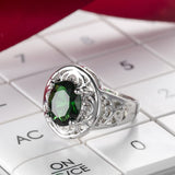 Green Crystal & Fine Silver-Plated Floral Ring