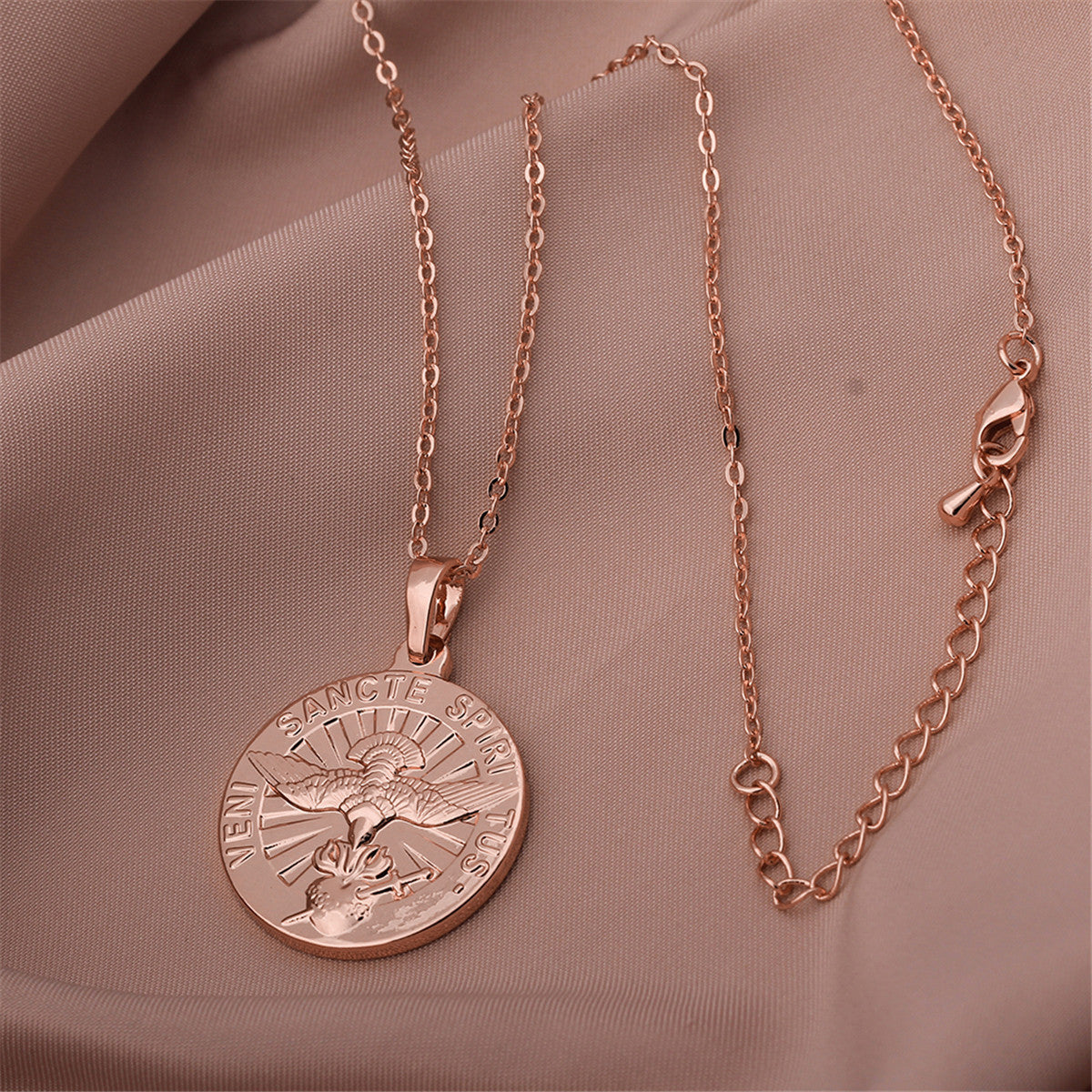 18K Rose Gold-Plated German Coin Pendant Necklace, rose gold pendant necklace for women, detail close-up