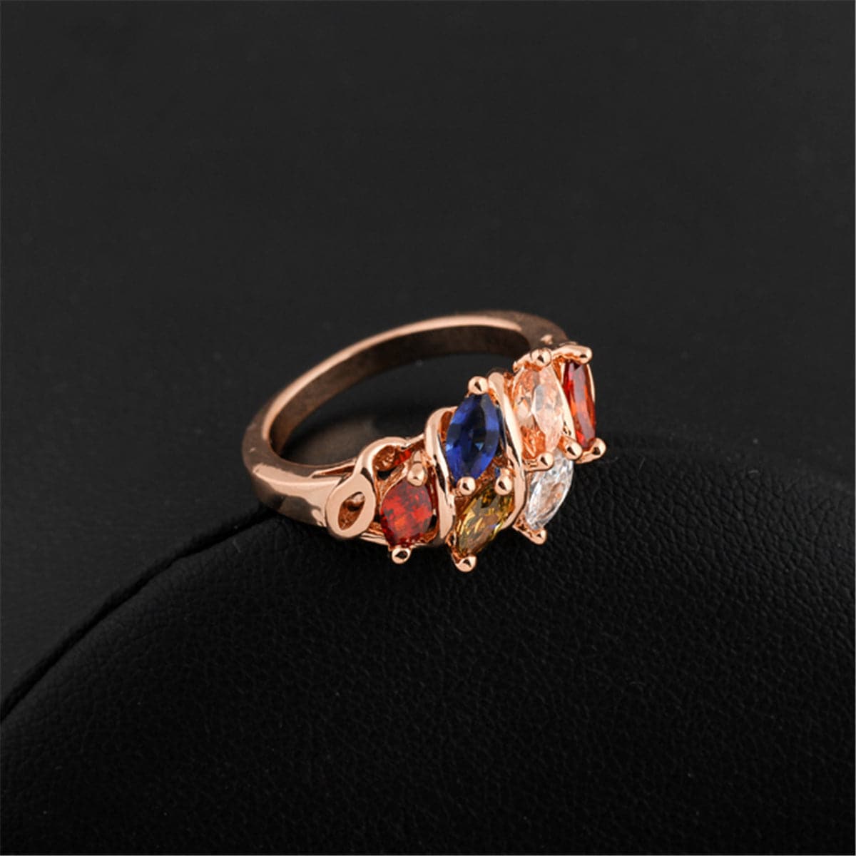 Red Multicolor Crystal and 18K Rose Gold-Plated Prong Ring, rose gold statement rings for women, detail close-up