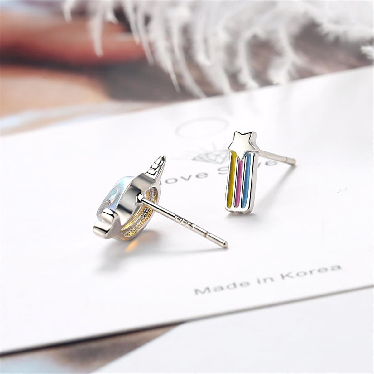 Moonstone & Enamel Silver-Plated Shooting Star & Whale Stud Earrings