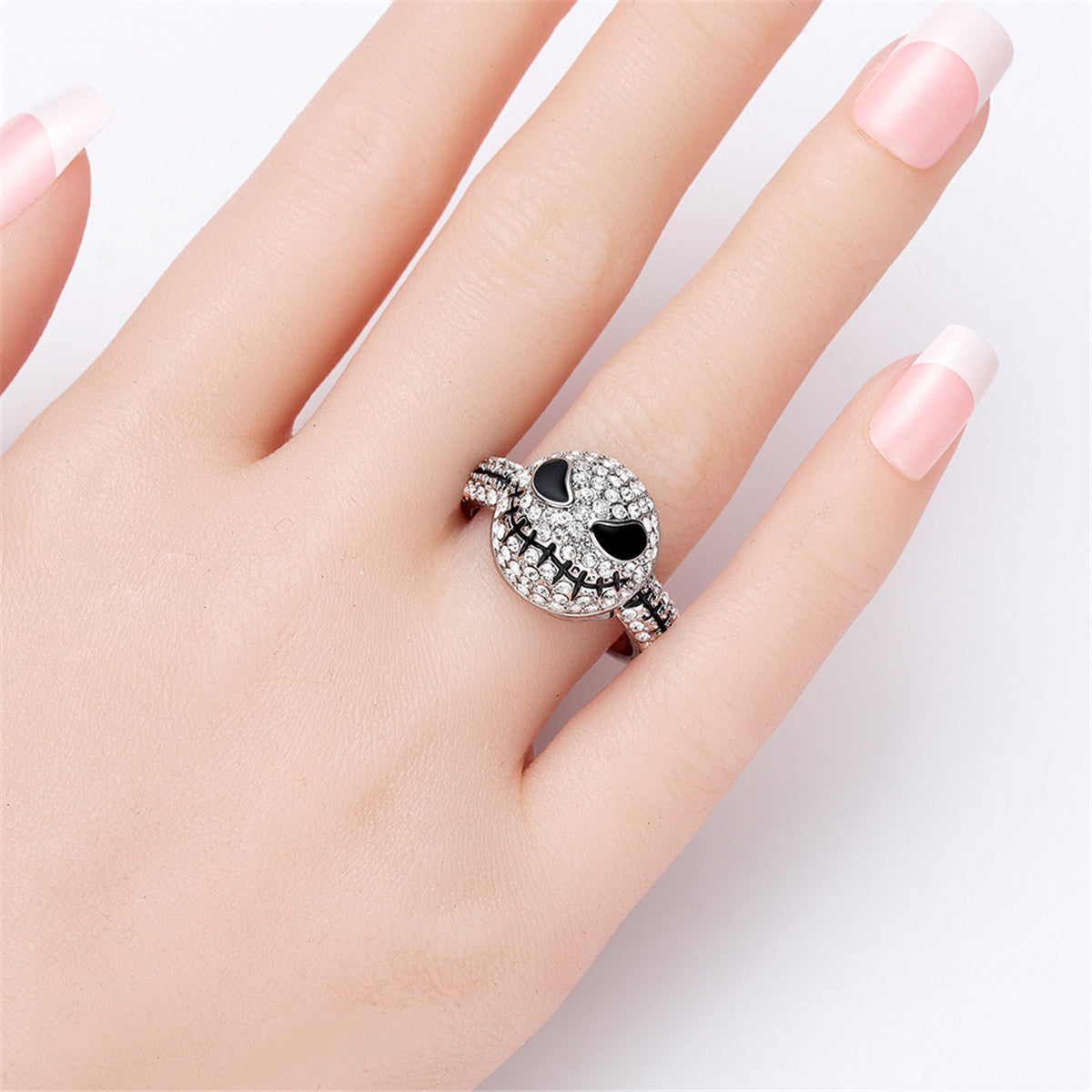Cubic Zirconia and Silver-Plated Skull Band Ring, silver statement rings for women, elegant gift for her, side view