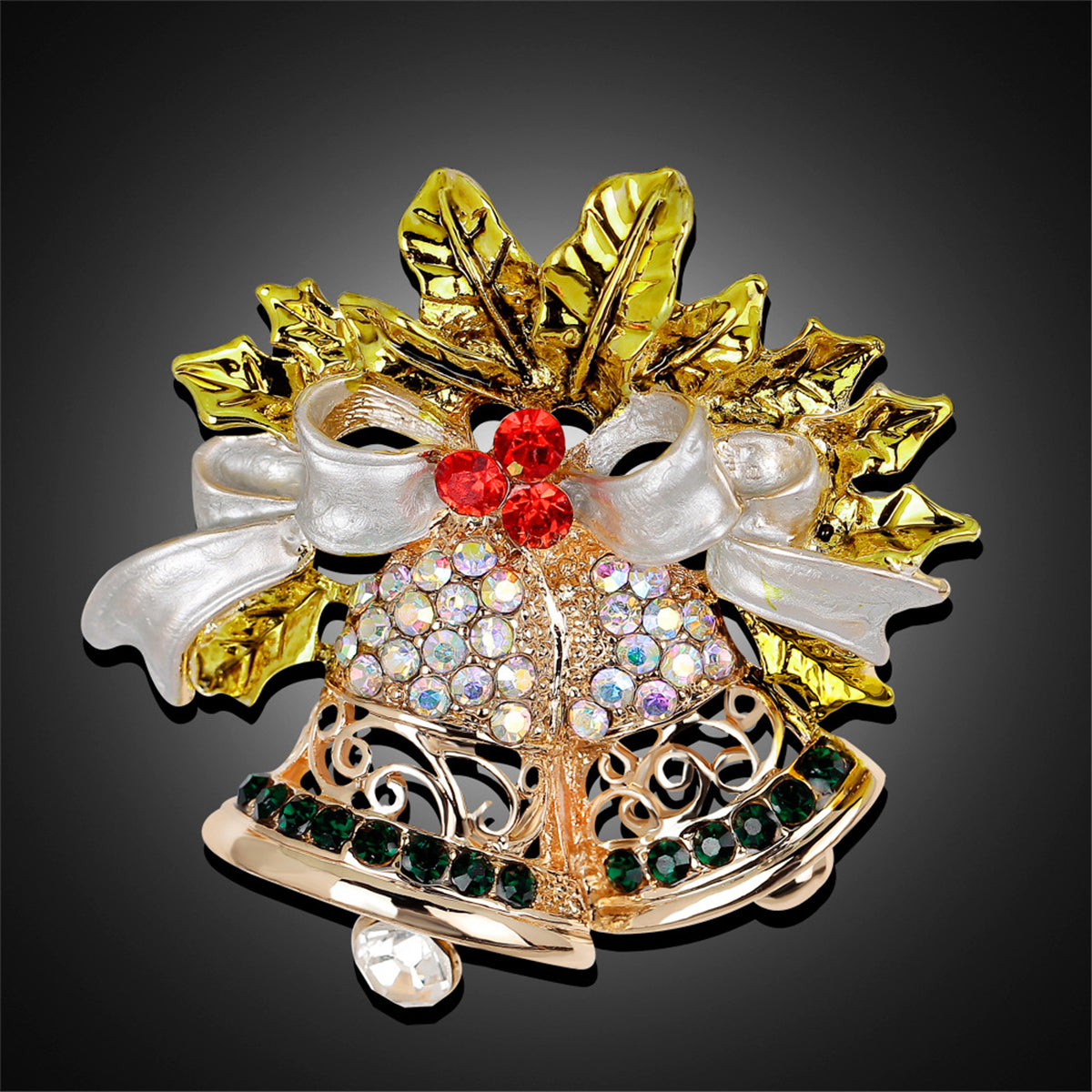 Cubic Zirconia and 18K Gold-Plated Botany Bow and Bell Brooch, gold brooch pin, vintage-inspired design, styled look