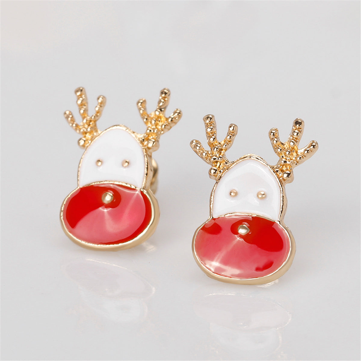 Red Enamel and 18K Gold-Plated Reindeer Face Stud Earrings, gold stud earrings for women, everyday style, detail close-up