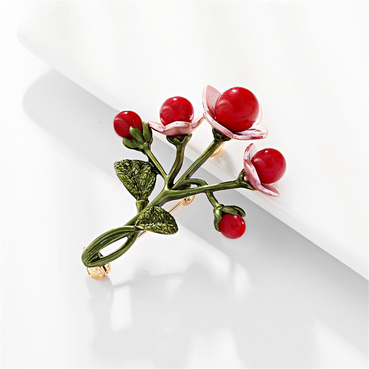 Red and Green Botany Brooch, brooch pin, everyday style, detail close-up