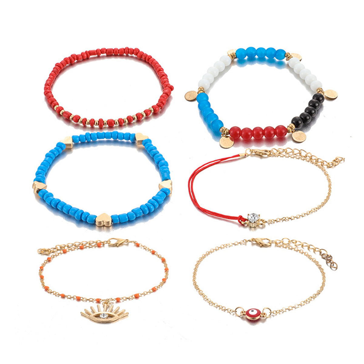 Red and Blue Beaded Evil Eye Anklet Set, jewelry gift sets for women, botanical inspired, side view