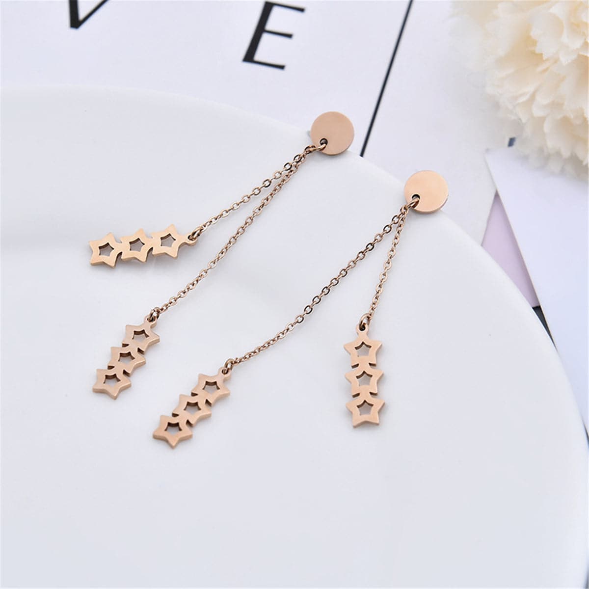 18k Rose Gold-Plated Linking Star Tassel Drop Earrings - streetregion