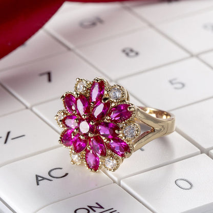 Red Corundum and Cubic Zirconia Flower Ring, statement rings for women, botanical inspired, lifestyle look