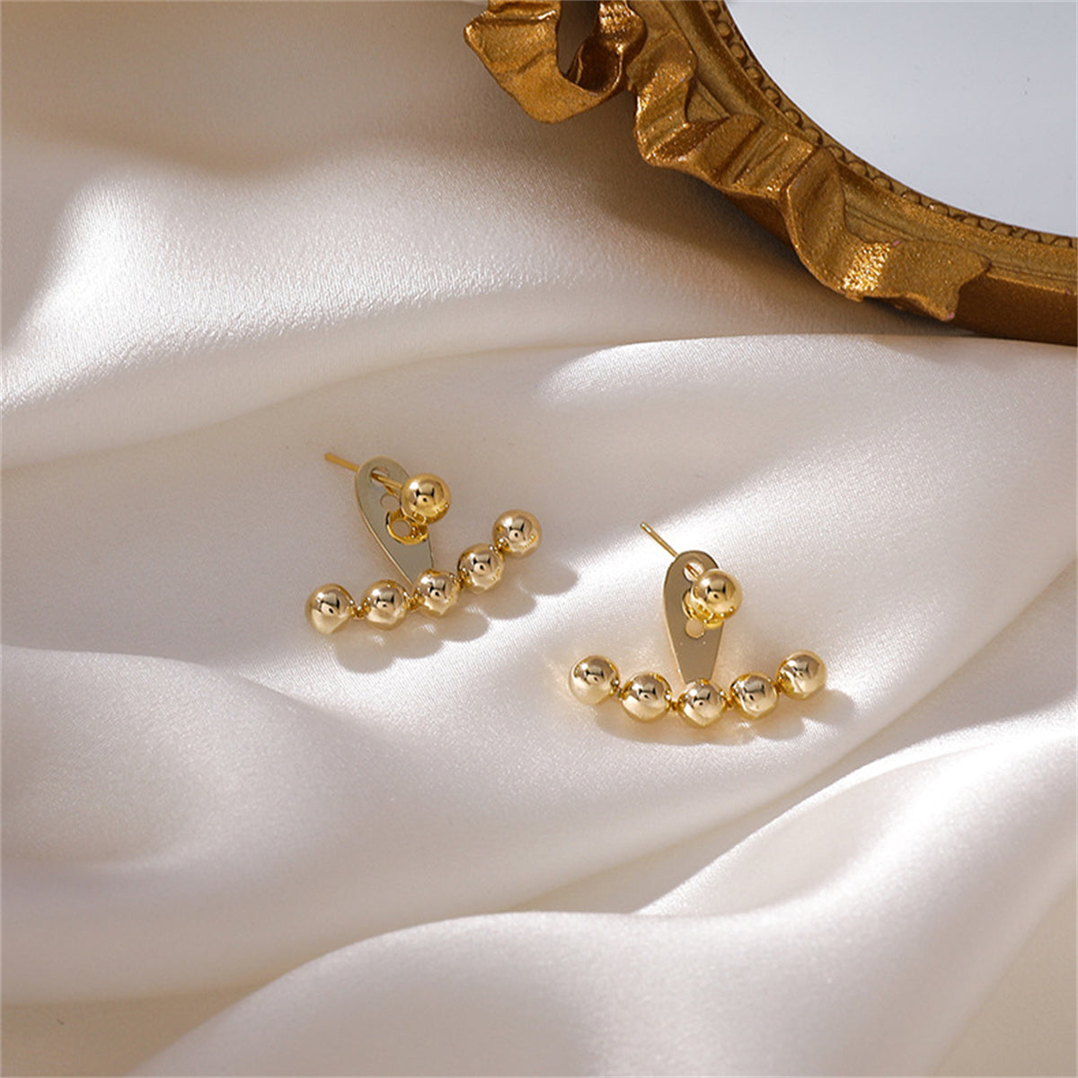 18K Gold-Plated Beaded Ear Jackets, gold stud earrings for women, dainty minimalist design, side view