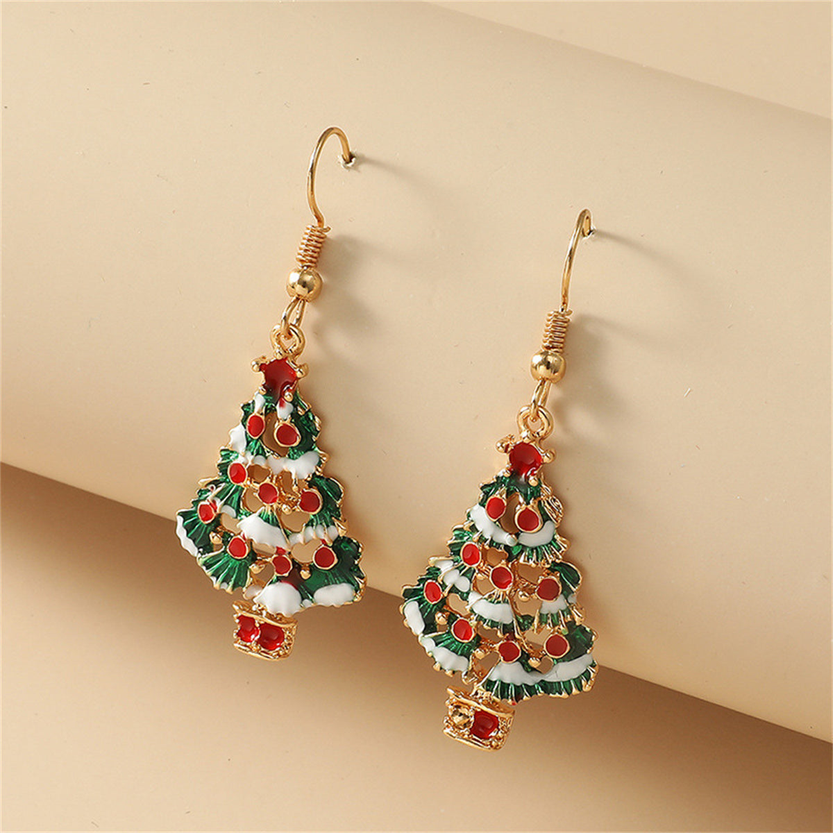 Red and Multicolor Enamel Christmas Tree Drop Earrings, drop earrings for women, vintage-inspired design, detail close-up