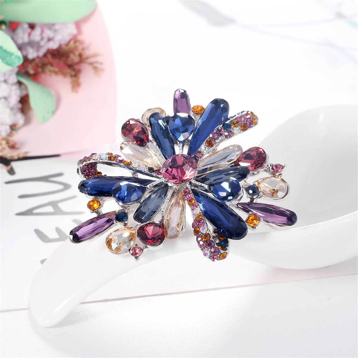 Pink and Multicolor Cubic Zirconia and Silver-Plated Flower Brooch, silver brooch pin, dainty minimalist design, side view