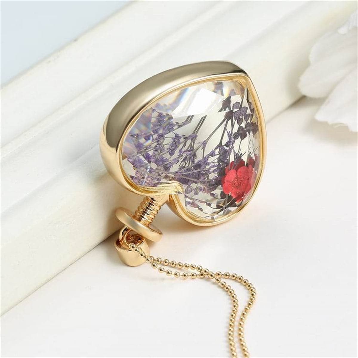 Red Peach Blossom and 18K Gold-Plated Heart Pendant Necklace, gold pendant necklace for women, styled look
