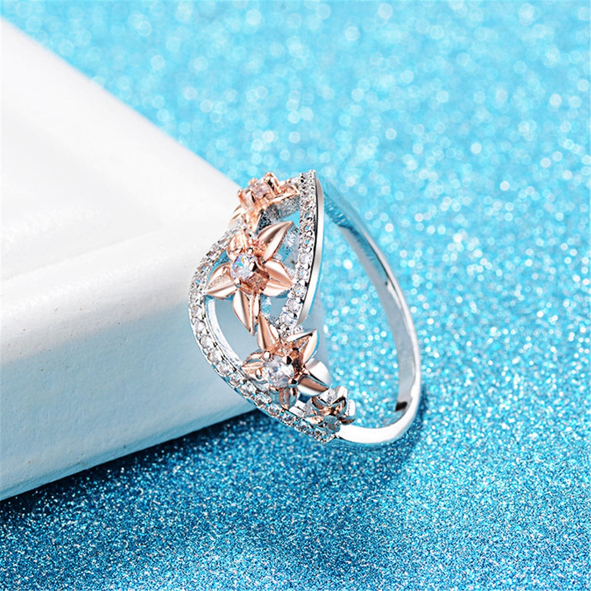 Crystal and Cubic Zirconia Link Floral Ring, statement rings for women, everyday style, styled look