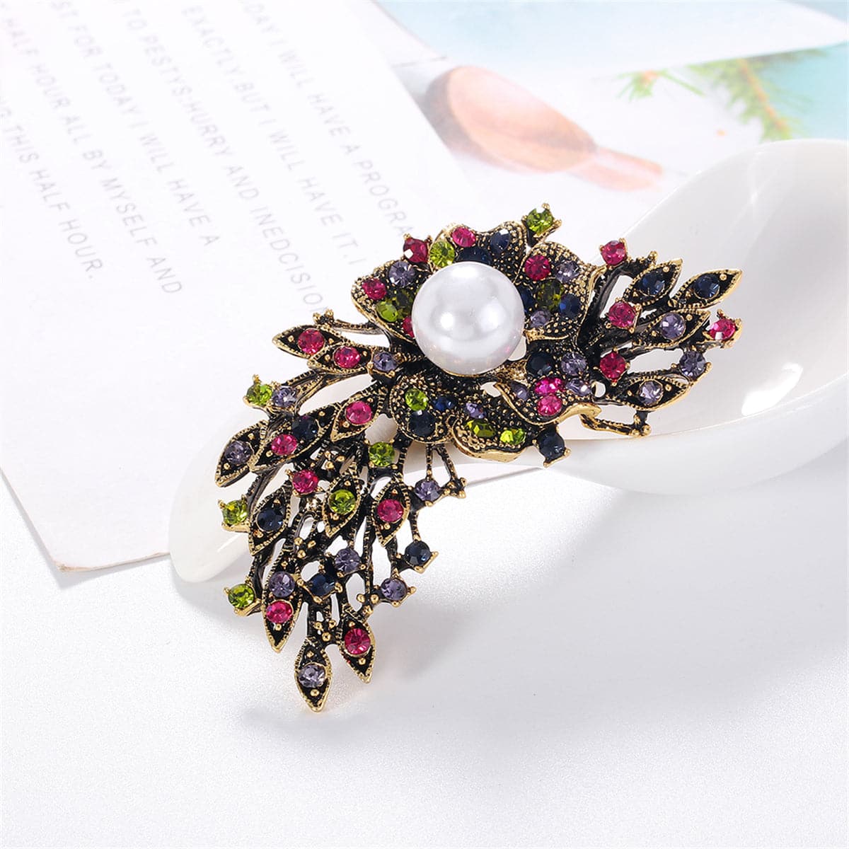 Multicolor Cubic Zirconia & Pearl 18K Gold-Plated Flower Brooch