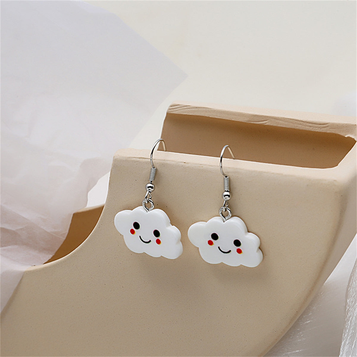 White Acrylic and Silver-Plated Cloud Drop Earrings, silver drop earrings for women, detail close-up