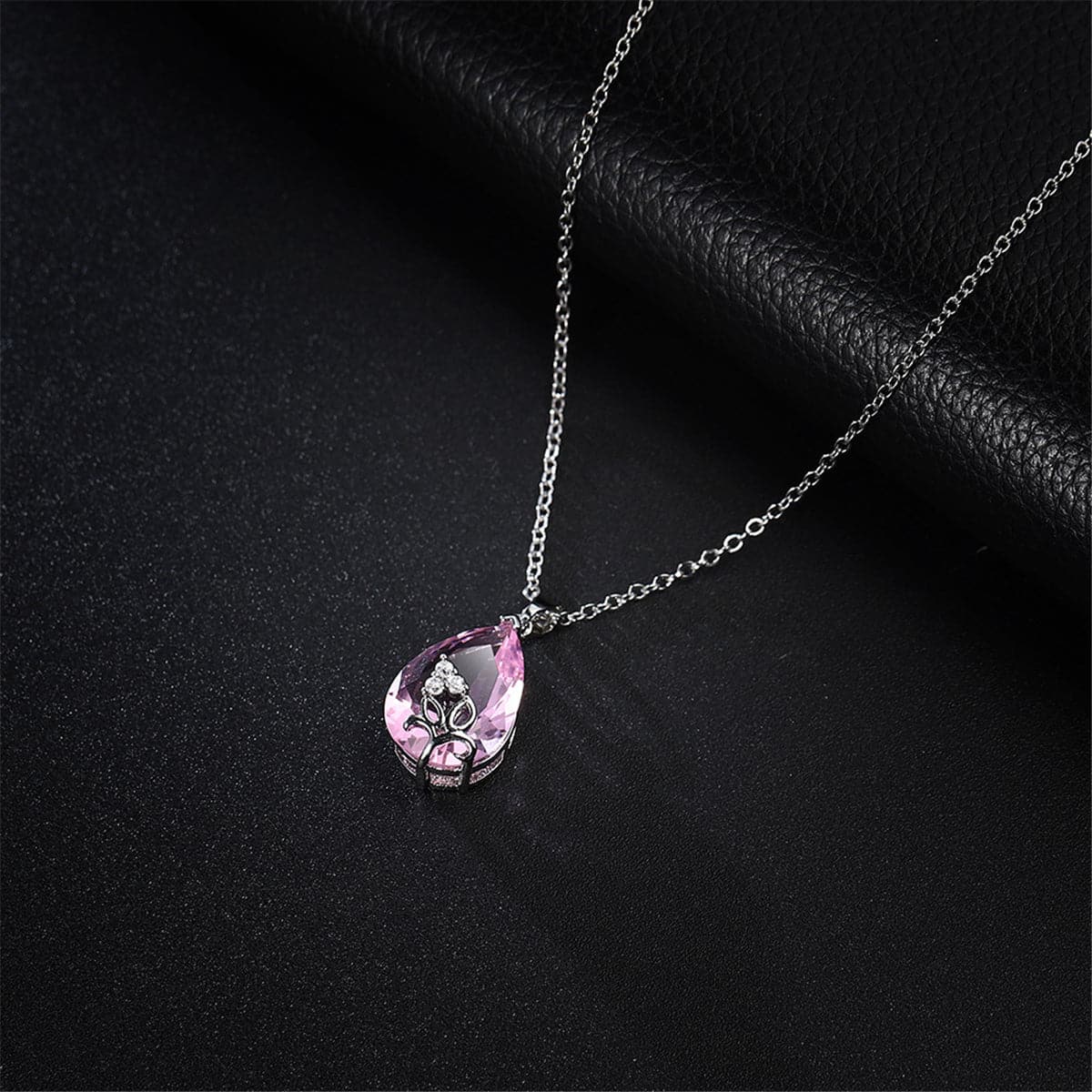 Pink Crystal & Silver-Plated Teardrop Pendant Necklace