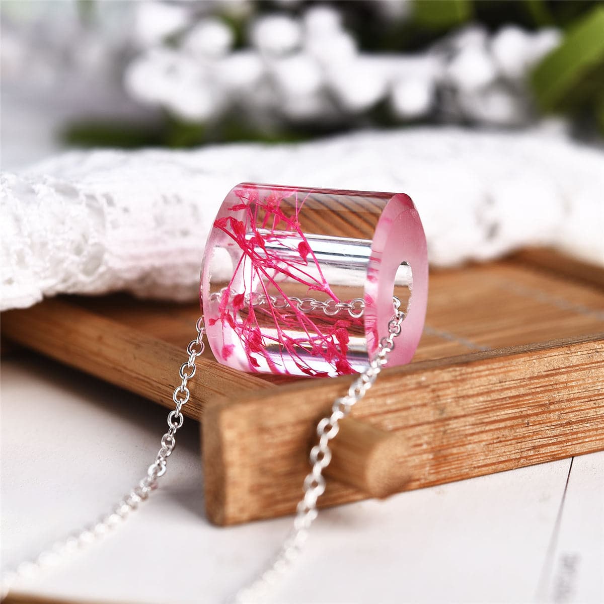 Pink Dried Flower & Silver-Plated Cylinder Pendant Necklace
