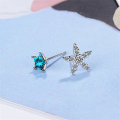 Cubic Zirconia & Blue Crystal Silver-Plated Asymmetrical Star Stud Earrings
