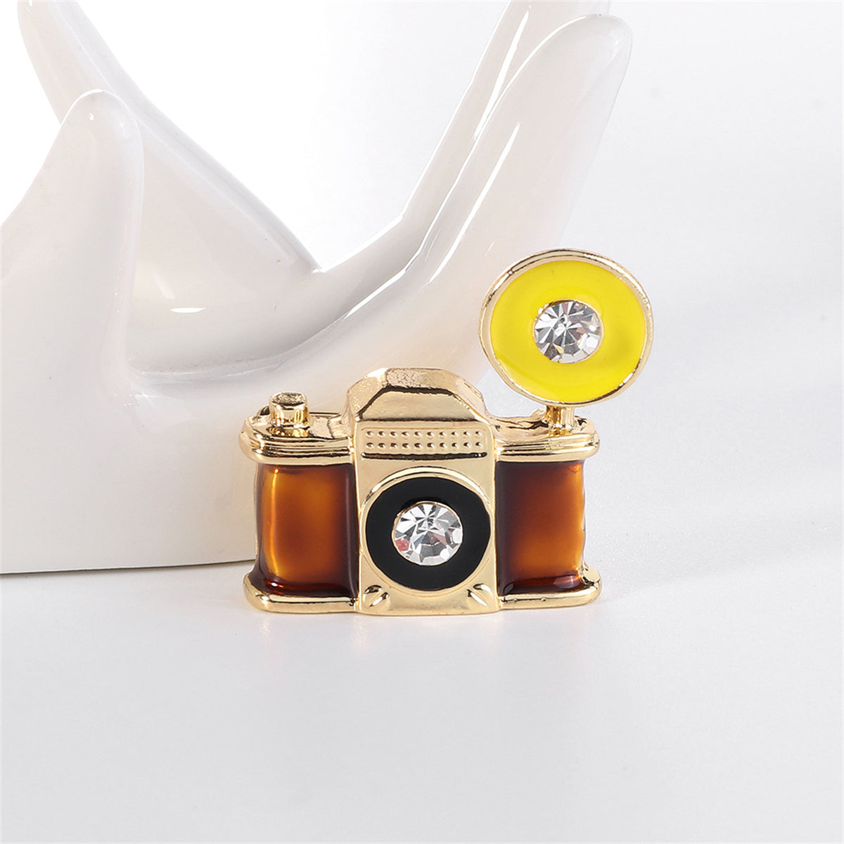 Cubic Zirconia and Gold-Plated Camera Brooch, gold brooch pin, dainty minimalist design, side view