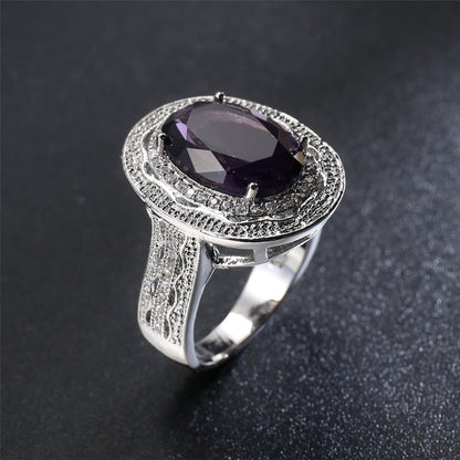 Purple Crystal and Cubic Zirconia Oval Halo Ring, statement rings for women, elegant gift for her, lifestyle look