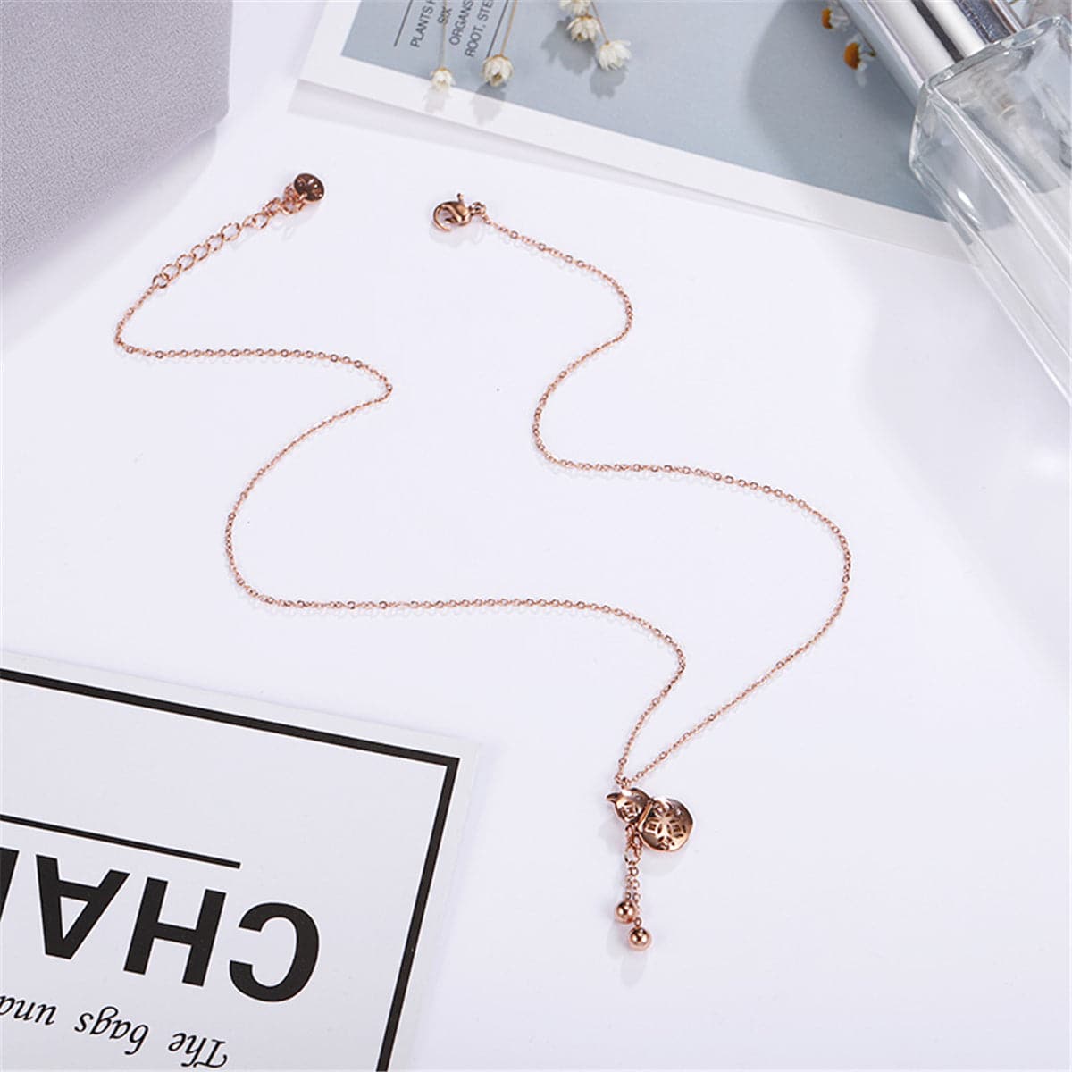 18K Rose Gold-Plated Gourd Pendant Necklace, rose gold pendant necklace for women, dainty minimalist design, lifestyle look
