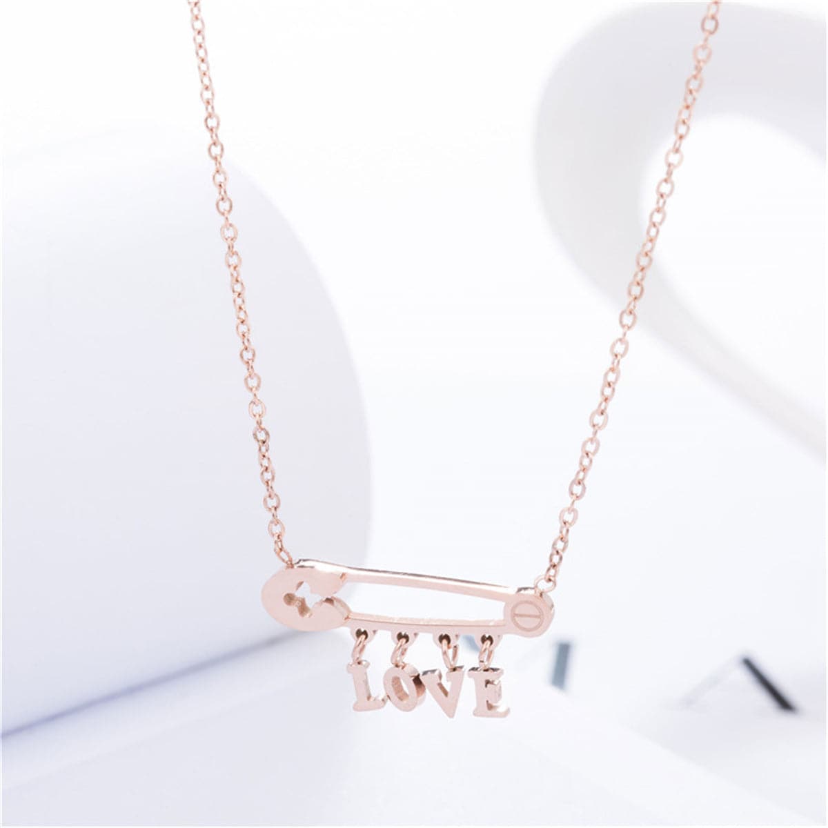 18k Rose Gold-Plated 'Love' Safety Pin Pendant Necklace - streetregion