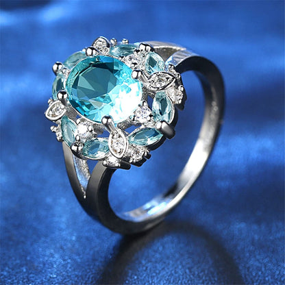 Blue Crystal and Cubic Zirconia Ornate Oval-Cut Ring, statement rings for women, elegant gift for her, detail close-up