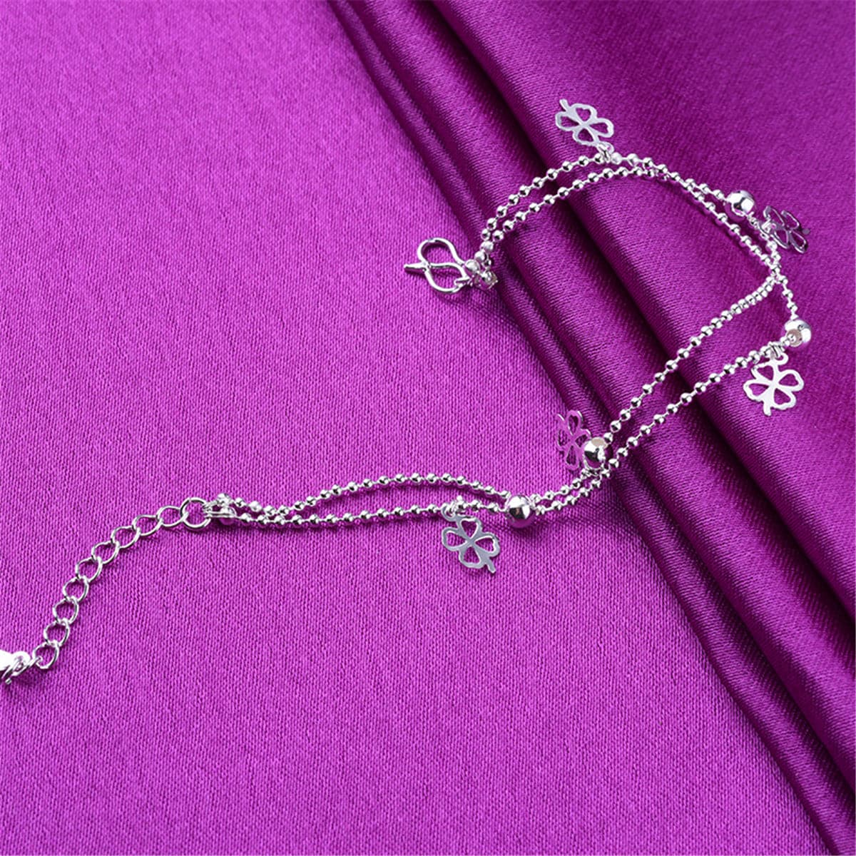 Silver-Plated Open Clover Station Layered Anklet