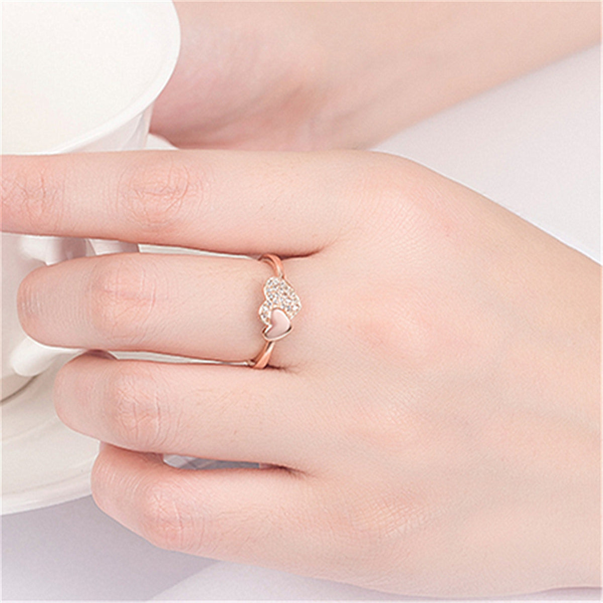 18K Rose Gold-Plated Cubic Zirconia Heart Adjustable Ring, rose gold statement rings for women, lifestyle look