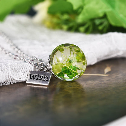 Green Gypsophila and Silver-Plated 'Wish' Pendant Necklace, silver pendant necklace for women, everyday style, front view