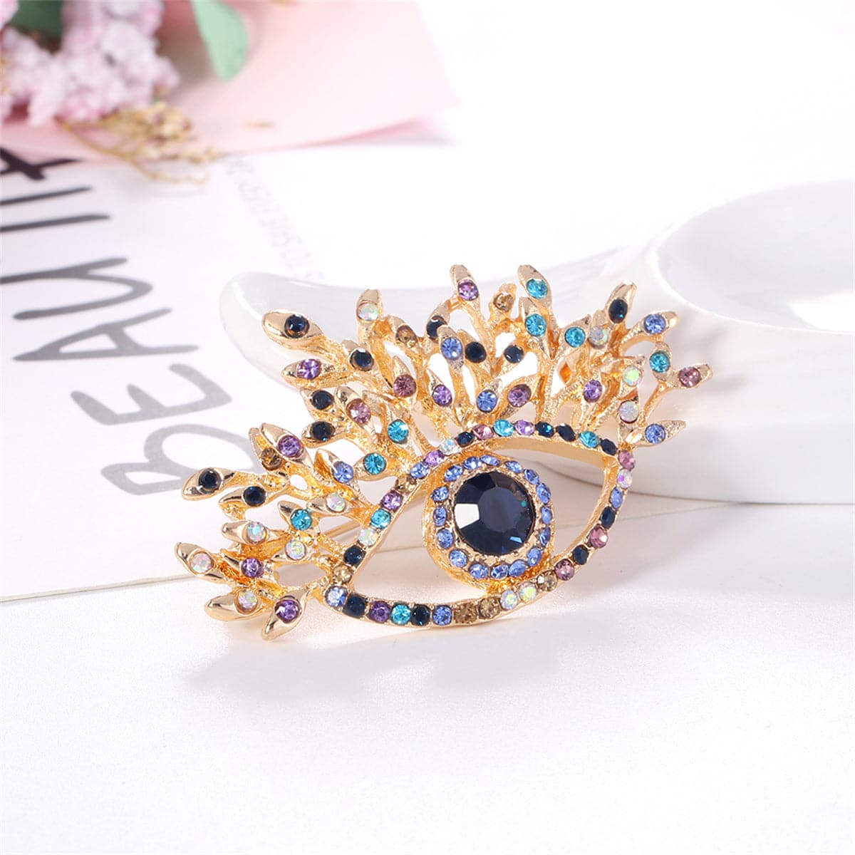 Blue Crystal and Multicolor Cubic Zirconia 18K Gold-Plated Eye Brooch, gold brooch pin, everyday style, lifestyle look