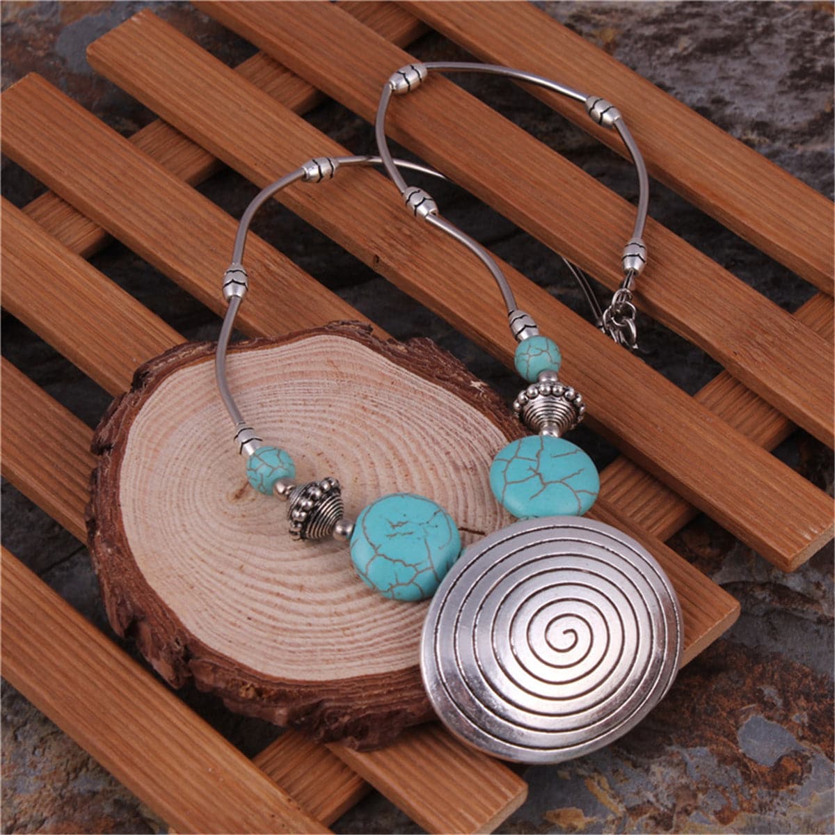 Turquoise & Silver-Plated Oval Pendant Necklace