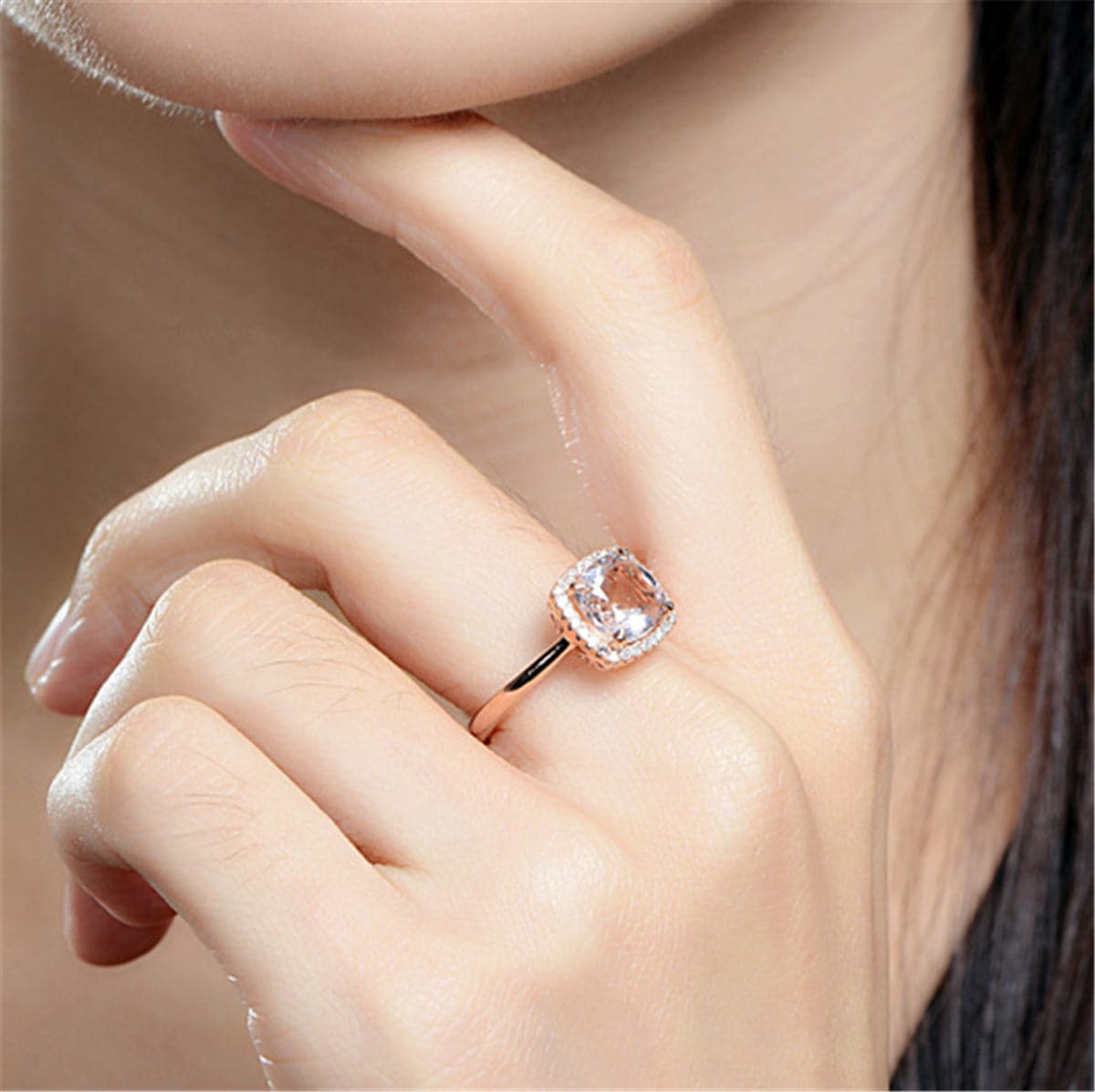 Champagne Crystal & Cubic Zirconia 18K Rose Gold-Plated Halo Cushion-Cut Ring